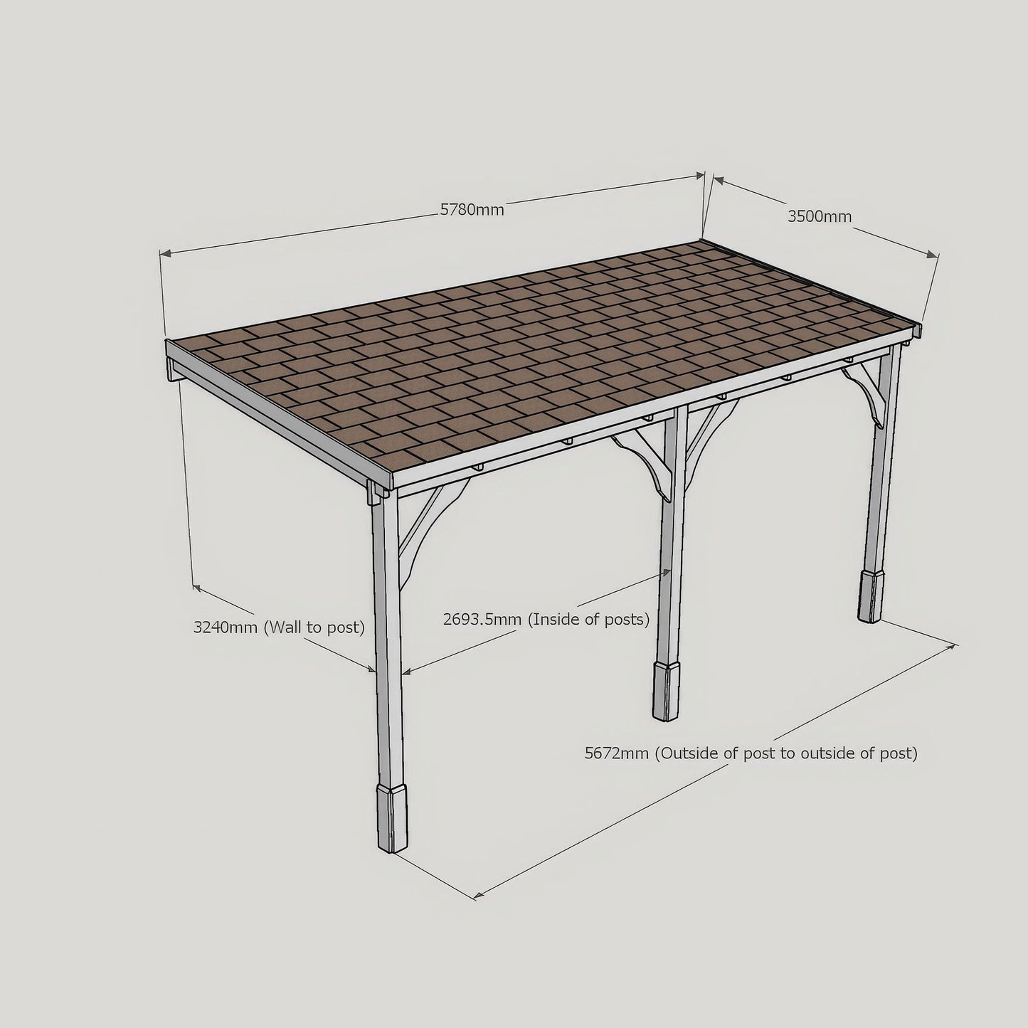 Wall Mounted Felt Shingle Roof Gazebo - Rustic Brown - 3.5m Depth x 5.78m Width