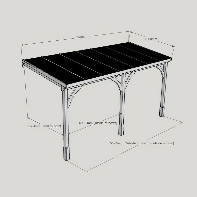 Wall Mounted Polycarbonate Roof Carport - Rustic Brown - 2m Depth x 5.78m Width