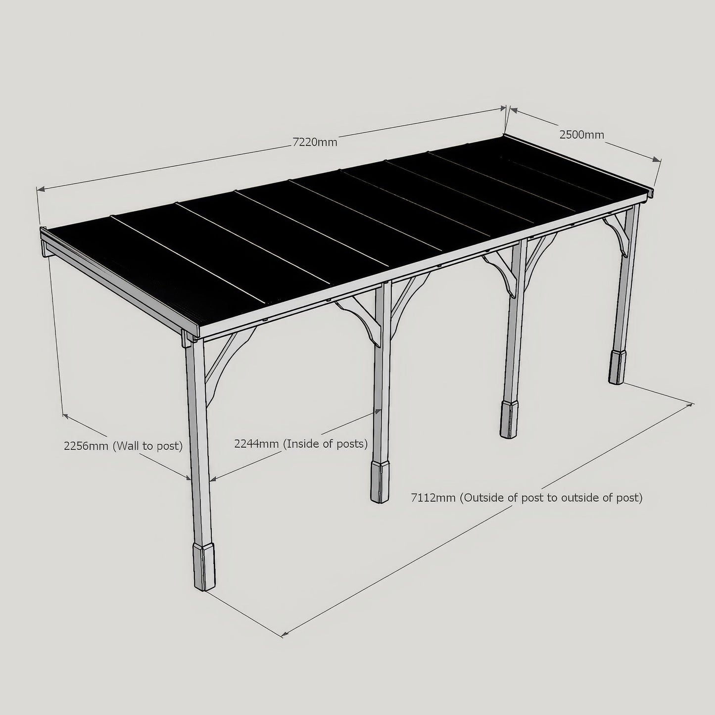 Wall Mounted Polycarbonate Roof Carport - Light Green - 2.5m Depth x 7.22m Width