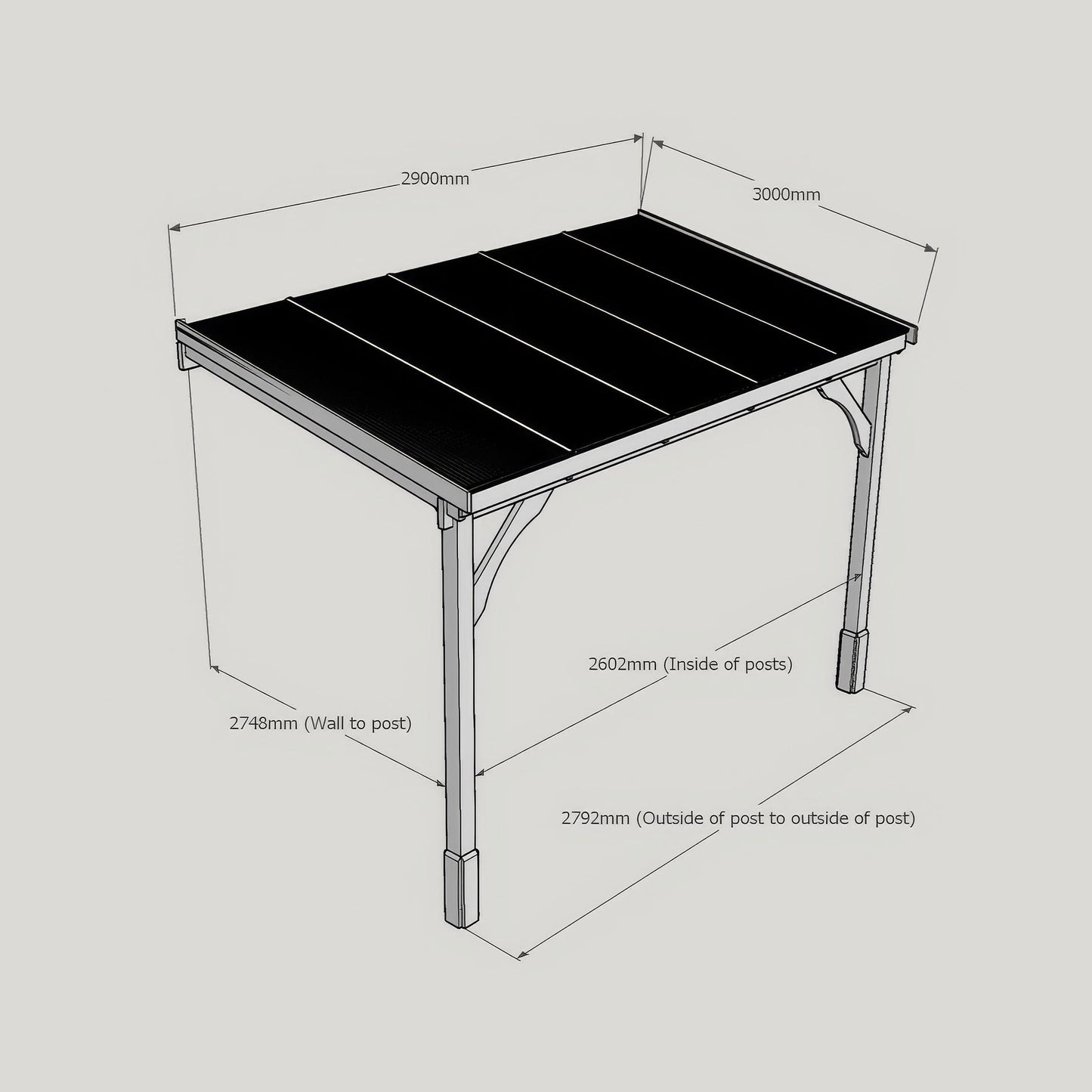 Wall Mounted Polycarbonate Roof Carport - Light Green - 3m Depth x 2.9m Width