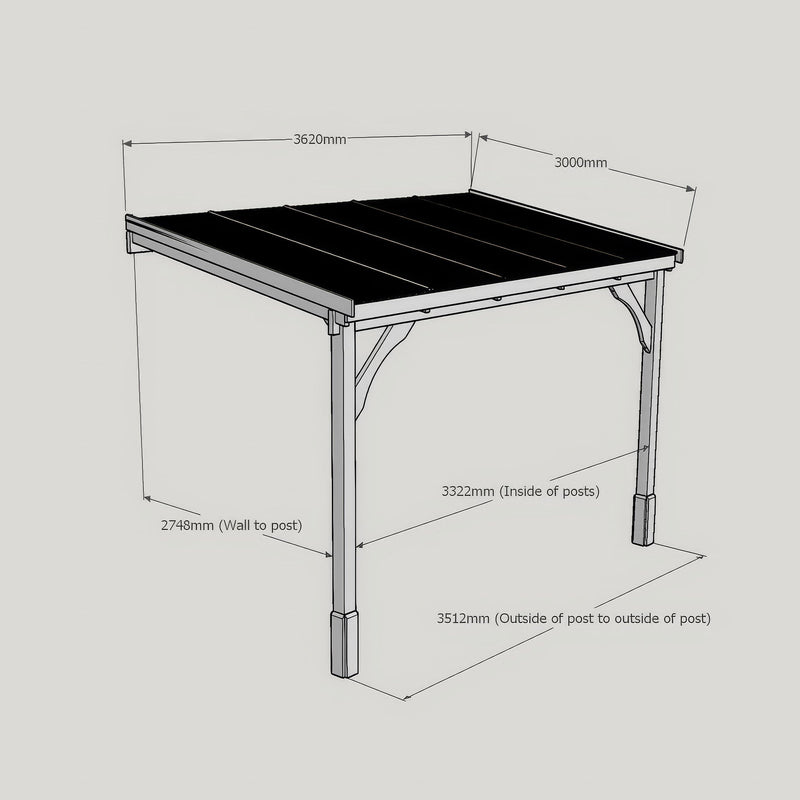 Wall Mounted Polycarbonate Roof Carport - Rustic Brown - 3m Depth x 3.62m Width