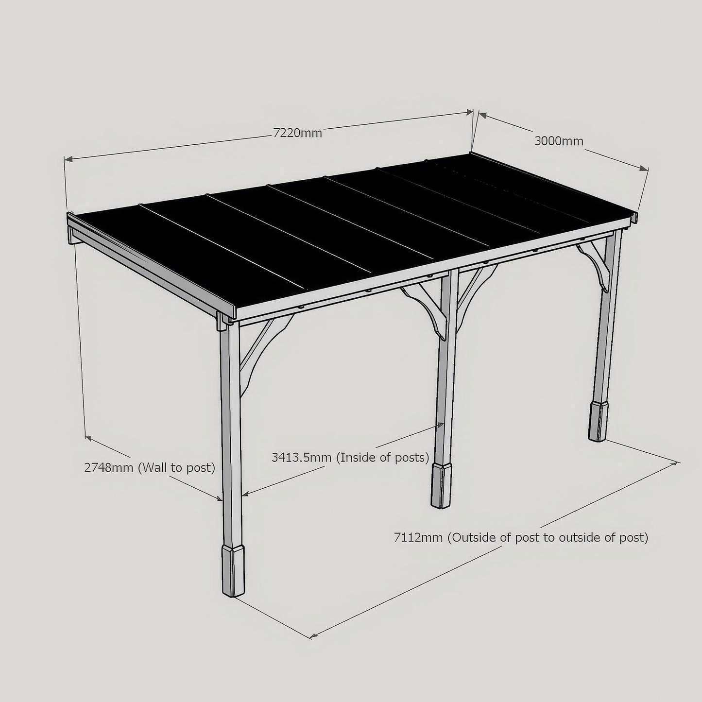Wall Mounted Polycarbonate Roof Carport - Rustic Brown - 3m Depth x 7.22m Width