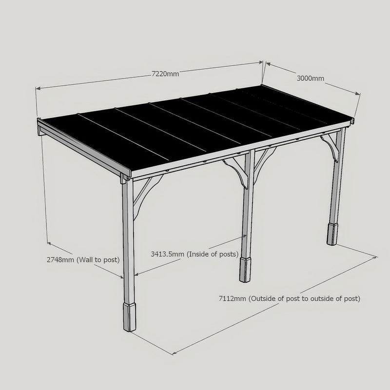 Wall Mounted Polycarbonate Roof Carport - Rustic Brown - 3m Depth x 7.22m Width