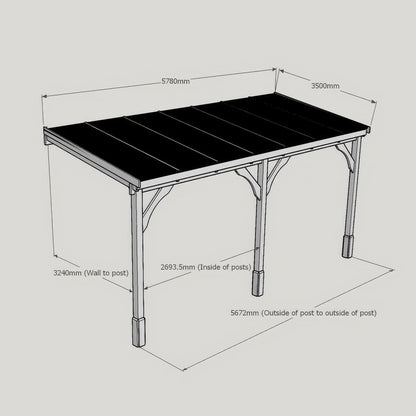 Wall Mounted Polycarbonate Roof Carport - Rustic Brown - 3.5m Depth x 5.78m Width