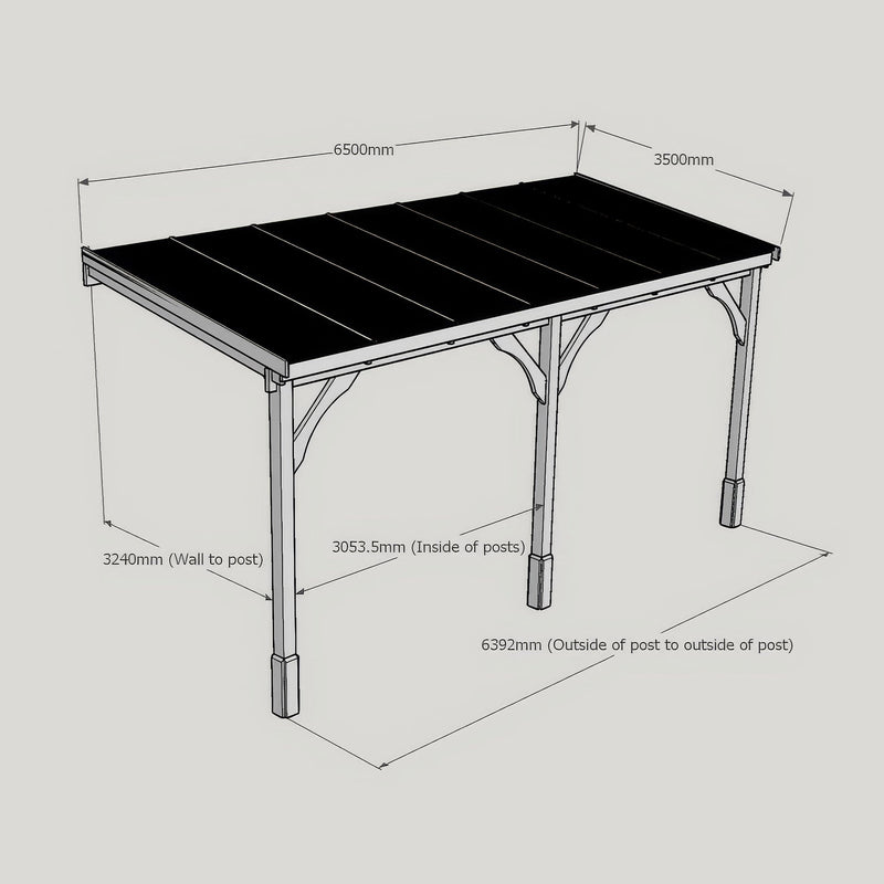 Wall Mounted Polycarbonate Roof Carport - Light Green - 3.5m Depth x 6.5m Width
