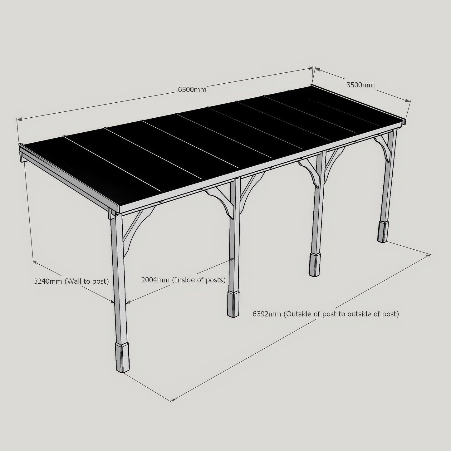 Wall Mounted Polycarbonate Roof Carport - Rustic Brown - 3.5m Depth x 6.5m Width