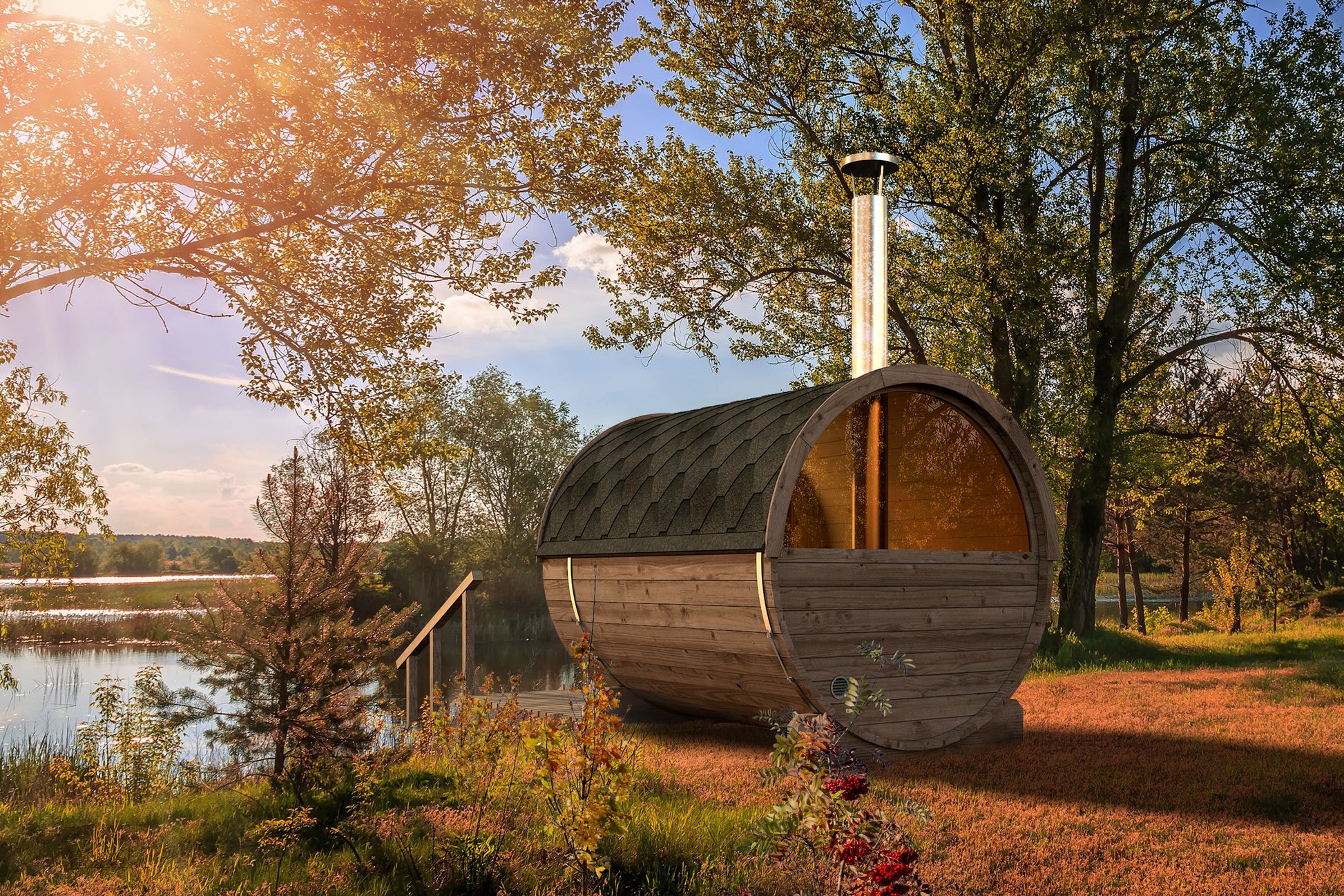 charnia 250 plus 4 person outdoor barrel sauna with terrace product exterior view — view 4