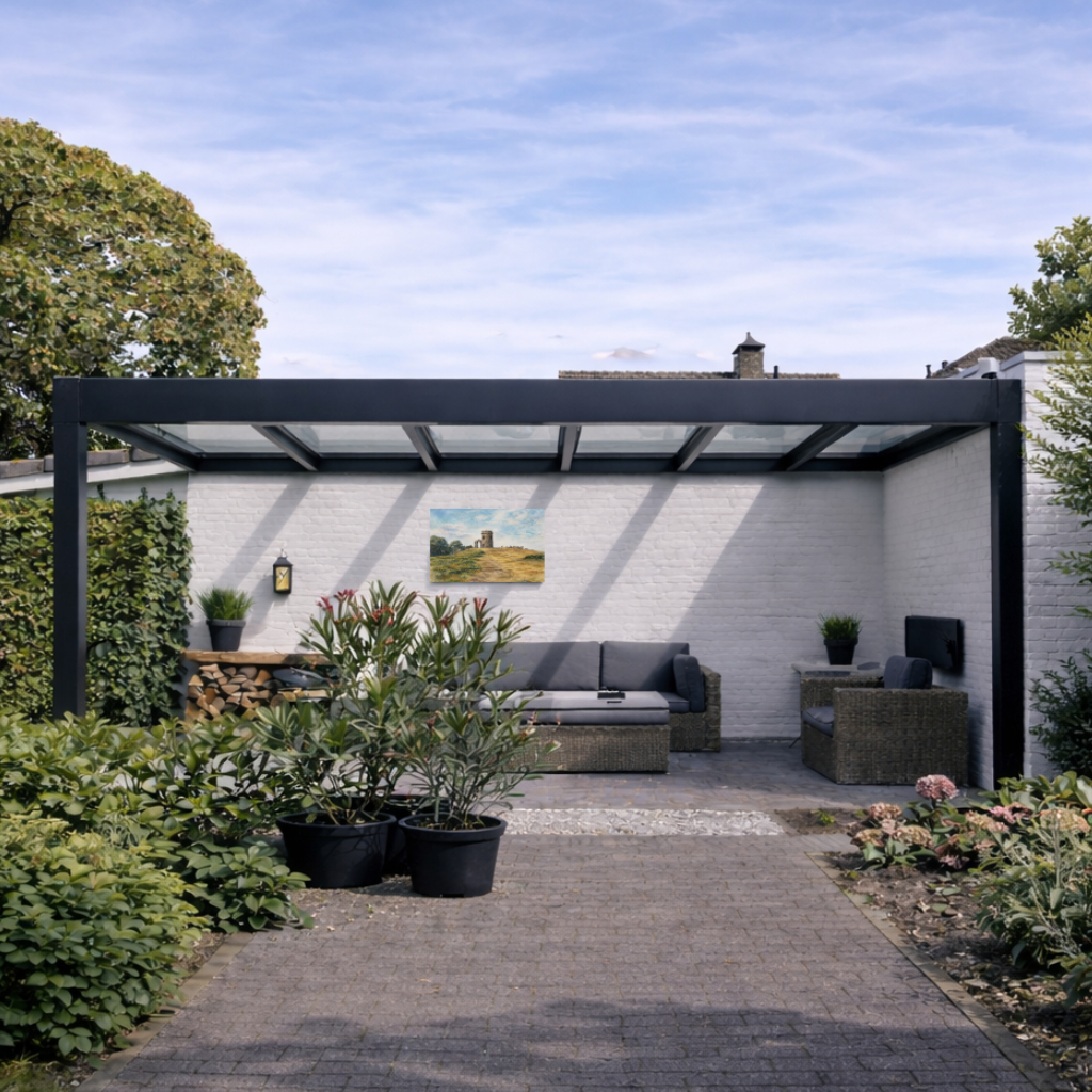 Deponti Trebbiano flat glass roof veranda in anthracite on a contemporary home
